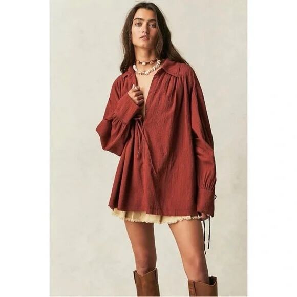 Free People We The Free Saltwater Boho Button Up Shirt Burnt Henna - Size XS - Picture 1 of 8